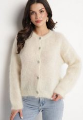 Jasnobeżowy Moherowy Kardigan o Klasycznym Kroju Korenno. Brązowe kardigany damskie Born2be, s, z aplikacjami, z moheru, klasyczne, bez kołnierzyka. Za 299.99 zł.