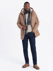 Męska długa kurtka parka z kożuszkiem – beżowa V1 OM-JALJ-0181 - XXL. Brązowe kurtki męskie Ombre Clothing, l, z aplikacjami, z gumy, klasyczne, z kapturem. W wyprzedaży za 269.99 zł.