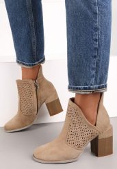 Ciemnobeżowe Botki Ażurowe na Obcasie Deinilea. Brązowe botki damskie Renee, z aplikacjami, z jeansu, boho, za kostkę, bez obcasa, na obcasie, bez zapięcia. Za 39.99 zł.