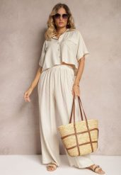 Beżowy 2-Częściowy Komplet z Wiskozy Koszula o Luźnym Kroju Szerokie Spodnie Velvitela. Brązowe koszule damskie Renee, bez wzorów, z materiału, eleganckie, bez kołnierzyka, bez ramiączek. Za 149.99 zł.