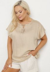 Ciemnobeżowa Bluzka z Wiskozą Wiązana przy Dekolcie Dovarelle. Brązowe bluzki damskie Born2be, plus size, bez wzorów, z jeansu, eleganckie, bez kołnierzyka, plus size, bez ramiączek. Za 39.99 zł.