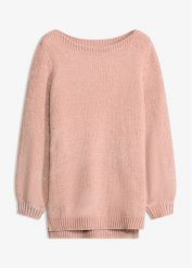 Długi sweter z szenili. Czerwone swetry nierozpinane damskie bonprix, bez wzorów, z materiału, bez kołnierzyka, bez ramiączek. Za 99.99 zł.