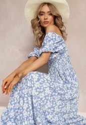 Niebieska Trapezowa Sukienka Bawełniana w Kwiaty Cresenia. Niebieskie sukienki damskie Renee, m, bez wzorów, z bawełny, bez kołnierzyka, bez ramiączek, maxi, rozkloszowane. Za 69.99 zł.