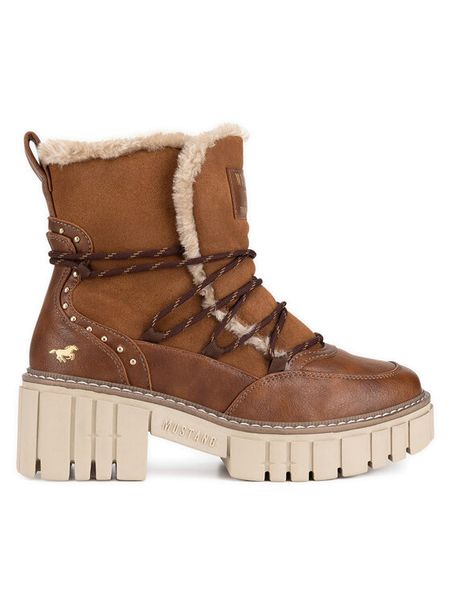 Mustang Trzewiki 1447-601 Brązowy. Brązowe botki damskie Mustang, bez wzorów, z materiału, bez obcasa, na płaskiej podeszwie, bez zapięcia. Za 293.99 zł.