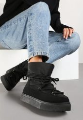 Czarne Śniegowce na Platformie ze Sznurowaniem Izatria. Czarne śniegowce damskie Renee, z futra, bez zapięcia. Za 89.99 zł.