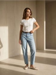 Jeansy balloon high waist z paskiem - niebieski. Niebieskie jeansy damskie Sinsay, bez wzorów, z jeansu, z podwyższonym stanem. Za 69.99 zł.