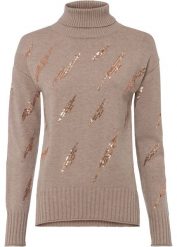 Sweter oversize z cekinami. Brązowe swetry nierozpinane damskie bonprix, bez wzorów, bez kołnierzyka, bez ramiączek. Za 169.99 zł.