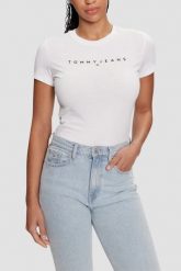 TOMMY JEANS Biały t-shirt damski. Białe t-shirty damskie Tommy Jeans, s, bez wzorów, z jeansu, bez kołnierzyka, bez ramiączek. W wyprzedaży za 77.99 zł.