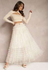Beżowa Spódnica z Falbankami Rozkloszowana Maxi z Bawełny Alare. Brązowe spódnice damskie Renee, bez wzorów, z bawełny, eleganckie, maxi, rozkloszowane. Za 79.99 zł.