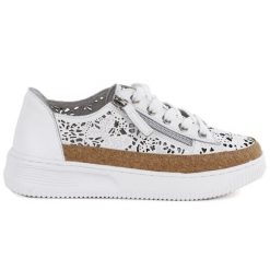 Skórzane półbuty damskie na zamek ażurowe białe Artiker 58C1250. Białe półbuty damskie Artiker, w ażurowe wzory, ze skóry, bez obcasa, bez zapięcia. Za 209.99 zł.
