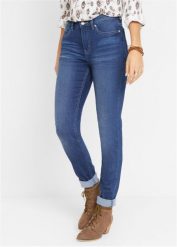 Dżinsy slim ze średnim stanem i stretchem. Niebieskie jeansy damskie bonprix, bez wzorów, z jeansu. Za 122.99 zł.