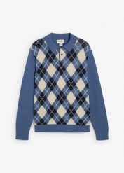 Sweter polo ze wzorem w romby z czystej bawełny. Niebieskie swetry męskie bonprix, m, bez wzorów, z bawełny, eleganckie, bez kołnierzyka, bez ramiączek. Za 129.99 zł.
