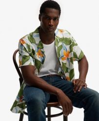 Superdry Koszula krótki rękaw z nadrukiem Hawaiian Evergreen Hawaiian Optic. Zielone koszule damskie Superdry, na lato, m, bez wzorów, z bawełny, klasyczne, bez kołnierzyka, bez ramiączek. Za 223.50 zł.