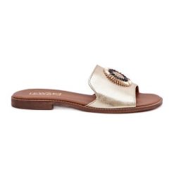 Lewski Shoes Skórzane Klapki Z Ozdobą Na Płaskim Obcasie Lewski złote złoty. Żółte klapki damskie na lato, z aplikacjami, ze skóry, casualowe, bez obcasa, na płaskiej podeszwie, bez zapięcia. Za 432.39 zł.