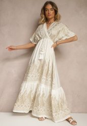 Biała Wiskozowa Sukienka Boho o Kopertowym Kroju z Metalicznym Haftem Redeselle. Białe sukienki damskie Renee, na co dzień, m, z aplikacjami, z wiskozy, boho, bez kołnierzyka, bez ramiączek, maxi, kopertowe. Za 84.99 zł.