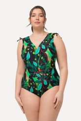 Damski Strój kąpielowy liście marszczone ramiona miękkie miseczki. Czarne stroje kąpielowe damskie Ulla Popken, plus size, bez wzorów, z elastanu. Za 211.99 zł.
