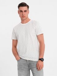 Męska koszulka dzianinowa z nadrukiem full print – biała V3 - Rozmiar: XL. Białe t-shirty męskie Ombre Clothing, m, bez wzorów, z bawełny, bez kołnierzyka, bez ramiączek. W wyprzedaży za 82.49 zł.