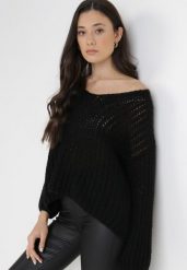 Czarny Sweter Amarherine. Czarne swetry nierozpinane damskie Born2be, bez wzorów, z dzianiny, eleganckie, bez kołnierzyka, bez ramiączek. Za 89.99 zł.
