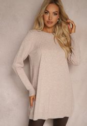 Ciemnobeżowy Sweter bez Zdobień o Luźnym Długim Fasonie Arferiava. Brązowe swetry nierozpinane damskie Renee, z aplikacjami, casualowe, bez kołnierzyka, bez ramiączek. Za 69.99 zł.