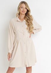 Beżowa Taliowana Sukienka Koszulowa Mini Arukini. Brązowe sukienki damskie Born2be, bez wzorów, bez kołnierzyka, bez ramiączek, mini, koszulowe. Za 34.99 zł.
