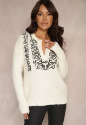 Jasnobeżowy Sweter z Dodatkiem Wełny i Ozdobnym Haftem Melorinnea. Brązowe swetry nierozpinane damskie Renee, na jesień, m, bez wzorów, z jeansu, biznesowe, bez kołnierzyka, bez ramiączek. Za 59.99 zł.