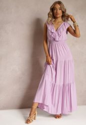 Fioletowa Rozkloszowana Sukienka Maxi z Gumką w Talii i Falbanką Laylani. Fioletowe sukienki damskie Renee, l, bez wzorów, bez kołnierzyka, bez ramiączek, maxi, rozkloszowane. Za 59.99 zł.