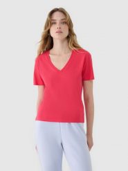 4F T-shirt oversize z modalem damski - różowy S. Czerwone t-shirty damskie 4F, s, bez wzorów, z bawełny, klasyczne, bez kołnierzyka, bez ramiączek. W wyprzedaży za 39.99 zł.