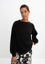 Sweter z rękawami balonowymi. Czarne swetry nierozpinane damskie bonprix, bez wzorów, bez kołnierzyka, bez ramiączek. Za 112.99 zł.