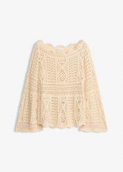 Bluzka dzianinowa z koronki. Zielone bluzki damskie bonprix, bez wzorów, z dzianiny, eleganckie, bez kołnierzyka, bez ramiączek. Za 127.99 zł.