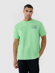 4F T-shirt oversize z nadrukiem męski - zielony M. Zielone t-shirty męskie 4F, m, bez wzorów, z bawełny, bez kołnierzyka, bez ramiączek. W wyprzedaży za 49.99 zł.