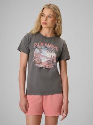 4F T-shirt regular z nadrukiem damski - szary XL. Szare t-shirty damskie 4F, xl, bez wzorów, z bawełny, bez kołnierzyka, bez ramiączek. Za 69.99 zł.