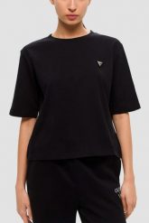 GUESS Czarny bawełniany t-shirt damski Colette Boxy, Rozmiar L. Czarne t-shirty damskie Guess, l, z aplikacjami, z bawełny, eleganckie, bez kołnierzyka, bez ramiączek. W wyprzedaży za 89.99 zł.