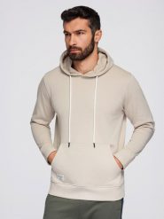 Męska bluza dresowa kangurka z kapturem - jasnobeżowa V1 - Rozmiar: S. Brązowe bluzy męskie Ombre Clothing, m, bez wzorów, z bawełny, bez ramiączek, z kapturem. W wyprzedaży za 116.99 zł.