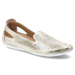 Złote Półbuty Artiker Ażurowe Stylowe Obuwie Damskie. Żółte balerinki damskie Artiker, w ażurowe wzory, ze skóry, eleganckie, bez obcasa, bez zapięcia. Za 178.90 zł.