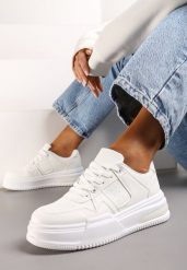 Białe Sportowe Sneakersy na Grubej Podeszwie z Wiązaniem Mintellia. Białe obuwie sportowe damskie Renee, na lato, bez wzorów, z jeansu, bez zapięcia. Za 79.99 zł.