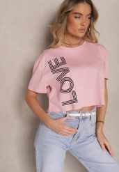 Różowy T-shirt z Bawełny o Krótkim Kroju Ozdobiony Napisem Sannovia. Czerwone t-shirty damskie Renee, m, bez wzorów, z bawełny, klasyczne, bez kołnierzyka, bez ramiączek. Za 39.99 zł.
