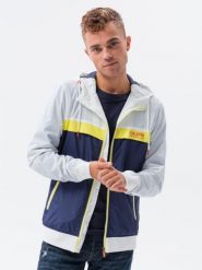 Kurtka męska wiatrówka z kapturem - granatowa V1 - Rozmiar: L. Niebieskie kurtki męskie Ombre Clothing, l, bez wzorów, z kapturem. W wyprzedaży za 49.99 zł.