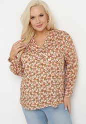 Pomarańczowa Bluzka z Wiskozy w Kwiaty Edilitia. Brązowe bluzki damskie Born2be, xl, bez wzorów, z jeansu, eleganckie, bez kołnierzyka, bez ramiączek. Za 39.99 zł.