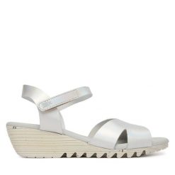 Sandały Fly London. Szare sandały damskie Fly London, bez wzorów, bez obcasa, na koturnie, bez zapięcia. Za 399.99 zł.