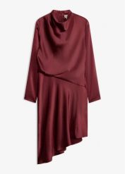 Sukienka midi z satyny. Czerwone sukienki damskie bonprix, bez wzorów, z satyny, eleganckie, bez kołnierzyka, bez ramiączek, midi. Za 219.99 zł.