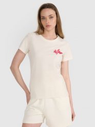 4F T-shirt regular z nadrukiem damski - biały S. Białe t-shirty damskie 4F, s, z aplikacjami, z bawełny, eleganckie, bez kołnierzyka, bez ramiączek. W wyprzedaży za 39.99 zł.