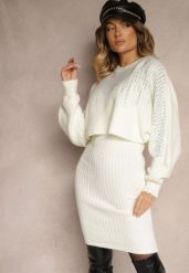 Biały Komplet z Wiskozy Sweter Ozdobiony Cyrkoniami i Prążkowana Spódnica Emelessa. Białe swetry nierozpinane damskie Renee, bez wzorów, prążkowane, eleganckie, bez kołnierzyka, bez ramiączek. Za 149.99 zł.