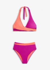Bikini w stylu kopertowym z ramiączkami łączonymi na szyi (komplet 2-cz.). Fioletowe stroje kąpielowe damskie bonprix, bez wzorów. Za 117.99 zł.