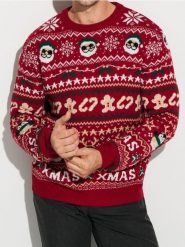 Sweter z motywem świątecznym - czerwony. Czerwone swetry męskie Sinsay, l, bez wzorów, wizytowe, bez kołnierzyka, bez ramiączek. Za 69.99 zł.