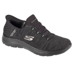 Buty sportowe Sneakersy damskie, Slip-Ins Summits - Dazzling Haze. Czarne obuwie sportowe damskie Skechers, bez wzorów, bez zapięcia, trekkingowe. Za 299.99 zł.
