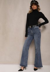 Niebieskie Jeansy o Kroju Dzwonów z Paskiem z Klamrą Zdobioną Cyrkoniami Cyreti. Niebieskie jeansy damskie Renee, z aplikacjami, z jeansu, retro. Za 119.99 zł.