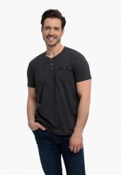 T-shirt z dekoltem na guziki T-WARU. Szare t-shirty męskie Volcano, m, bez wzorów, z bawełny, bez kołnierzyka, bez ramiączek. Za 59.99 zł.