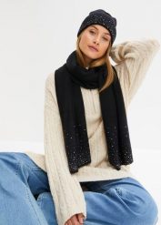 Szal + czapka (2 części). Czarne szaliki damskie bonprix, na zimę, bez wzorów. Za 129.99 zł.