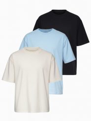 Zestaw bawełnianych koszulek męskich loose fit z okrągłym dekoltem - czarna/błękitna/biała V2 - Rozmiar: L. Czarne t-shirty męskie Ombre Clothing, l, bez wzorów, z bawełny, bez kołnierzyka, bez ramiączek. W wyprzedaży za 149.99 zł.