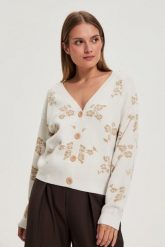 Kardigan beżowy. Brązowe kardigany damskie MOODO, xs, bez wzorów, z poliamidu, bez kołnierzyka. Za 149.99 zł.